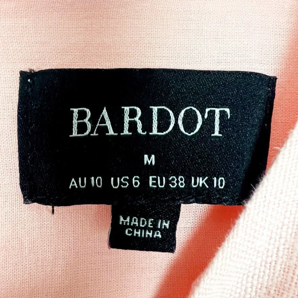 Bardot Mimi Cutout Dress 100% Linen Mini Women's Size US6 Soft Pink Puff Sleeves - Picture 6 of 15